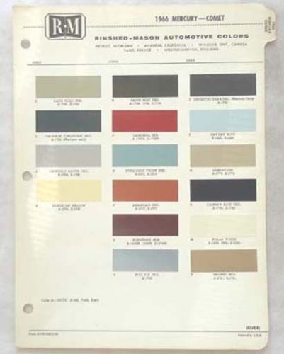 1966 mercury r-m color paint chip chart all models original