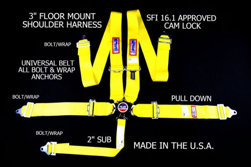 Rjs sfi 16.1 5 pt cam lock universal belt floor mount bolt &amp; wrap yellow 1034406