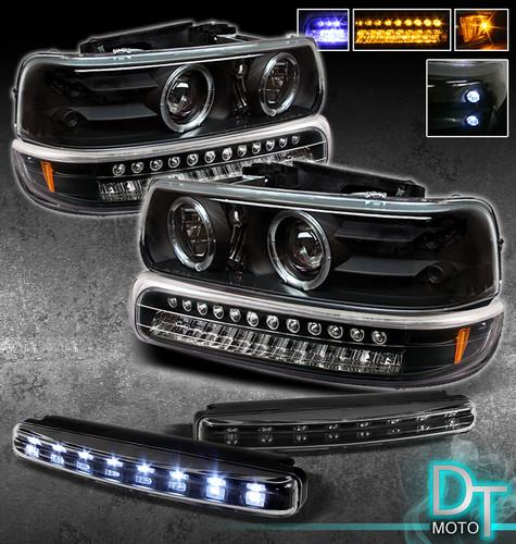 Led fog+silverado tahoe suburban blk halo projector headlights+led signal bumper