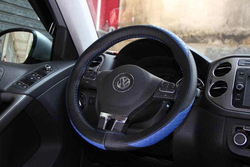 Chevy black + blue pvc leather steering wheel wrap cover w/ needle & thread diy