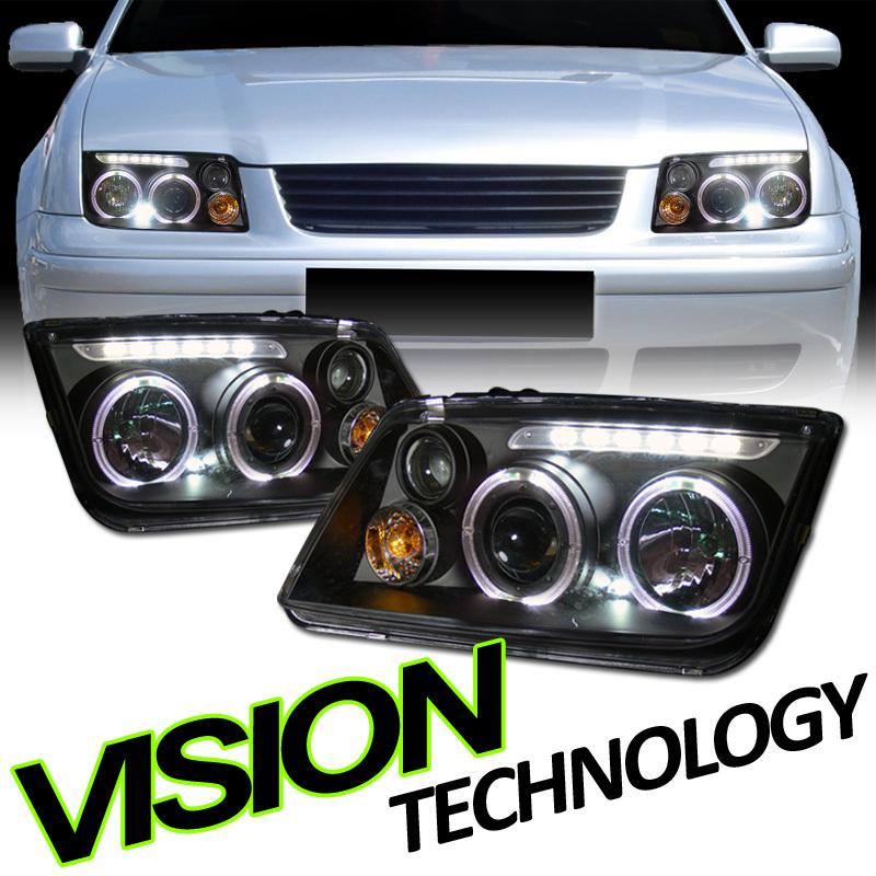 Pair 99-05 vw jetta/bora mk4 blk 2x halo 6x drl led projector head lights w/ fog