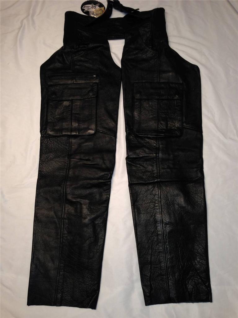 Men's black leather heavy weight motorcycle chaps adjustable stretch leg pocket