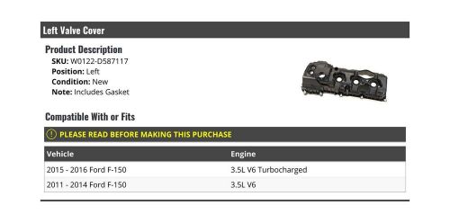 Left driver side valve cover and gasket - compatible with 2011-2016 ford f-15...