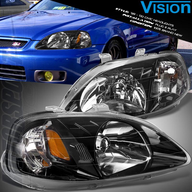 99-00 honda civic black jdm headlights front lamps driver passenger side new