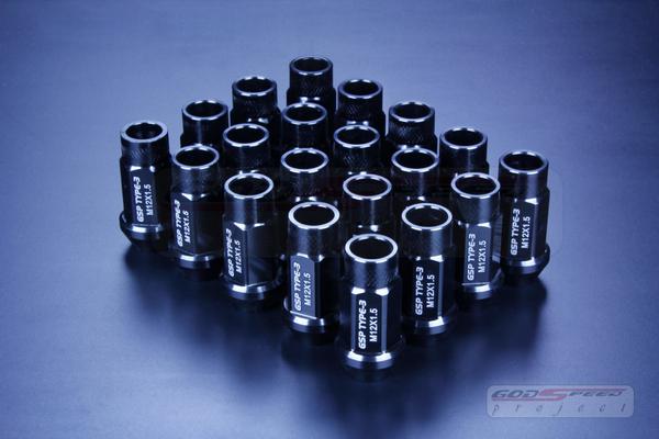 Godspeed t-3 wheel rim racing lug nuts 50mm 20 piece m12 x 1.5 open end black