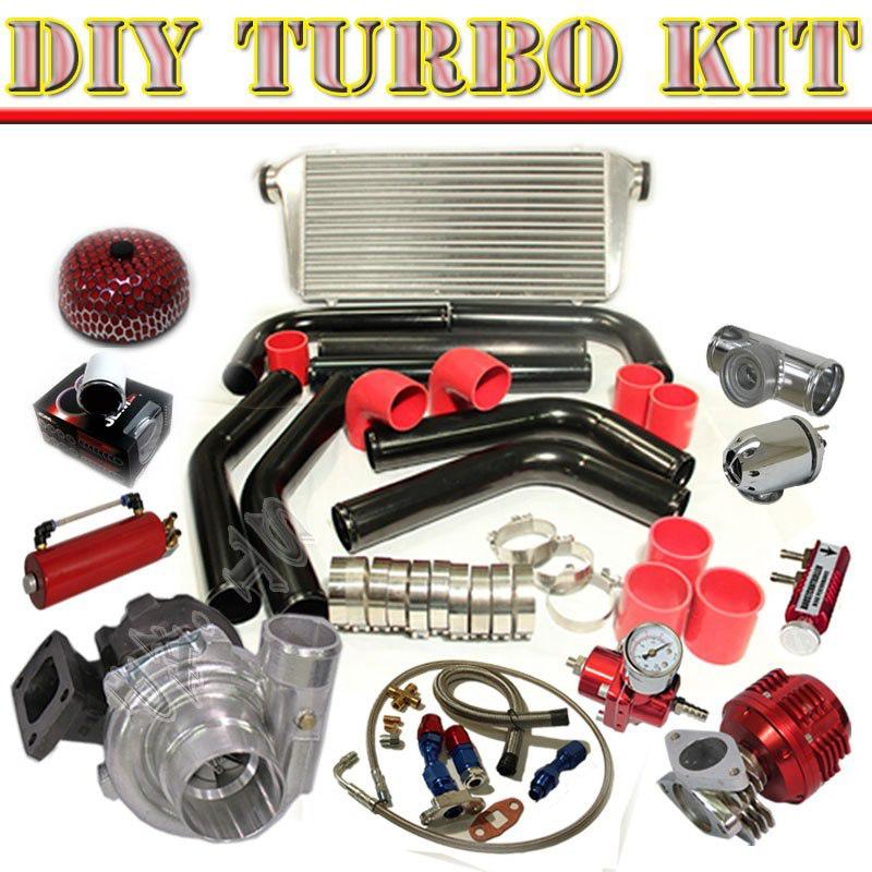 T3/t4 turbo+31" intercooler+2.5" piping kit+jdm bov chrome+oil line+gauge bk/red