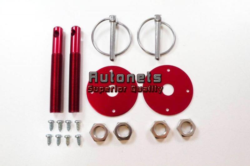 Aluminum anodized hood pin kit flip over universal fit red hot street rod