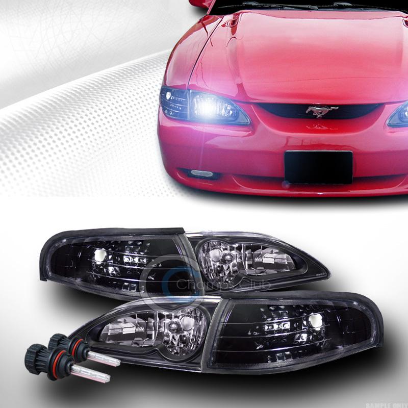 8000k hid bi-xenon+euro black headlights+corner lamps k2 1994-1998 ford mustang