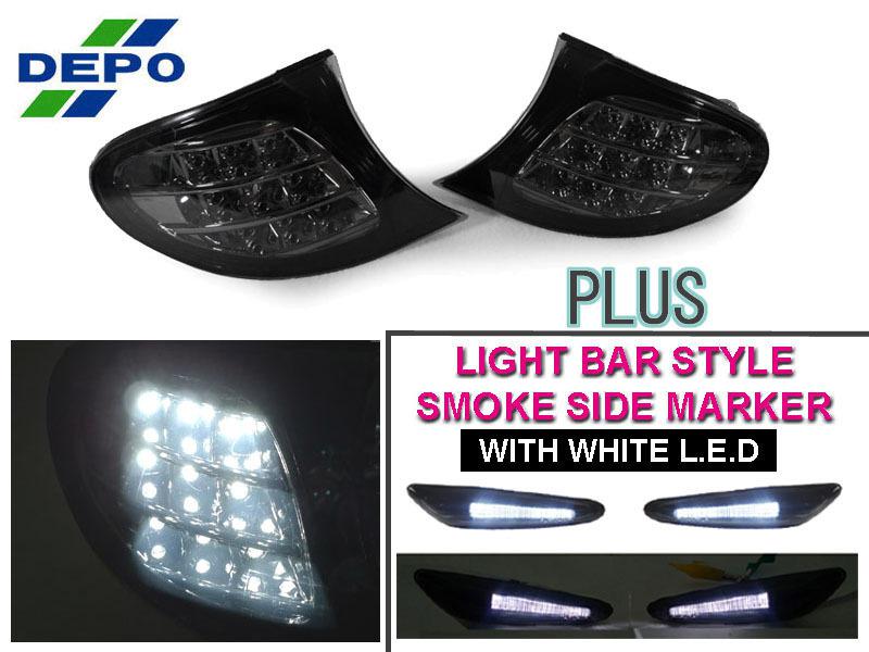 Depo 02-05 bmw e46 4d/5d white led black corner lights + light bar side marker