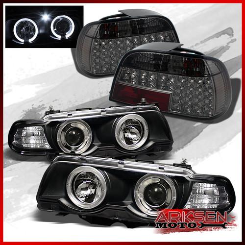 99-01 e38 halo black projector headlights *fit hid-d2s*+smoked led tail lights