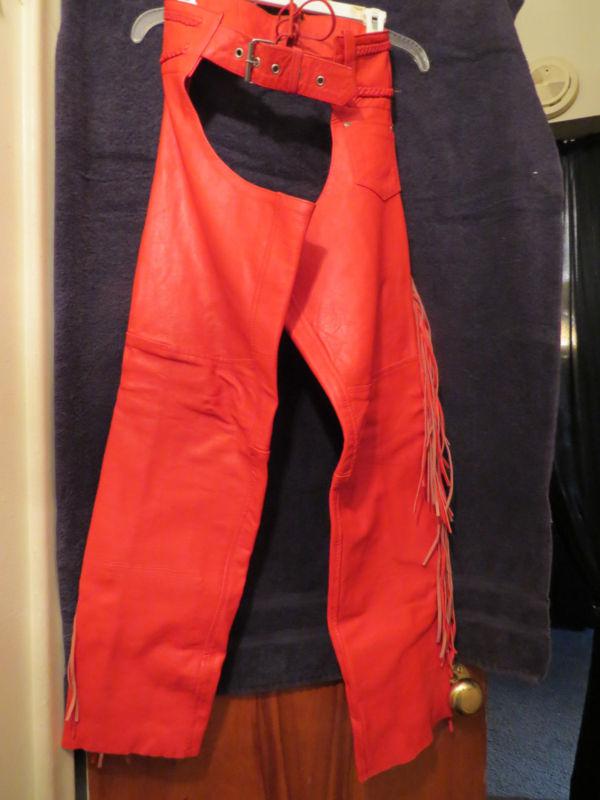 Red leather chaps fringe and braided sides xxs antelope creek leather  