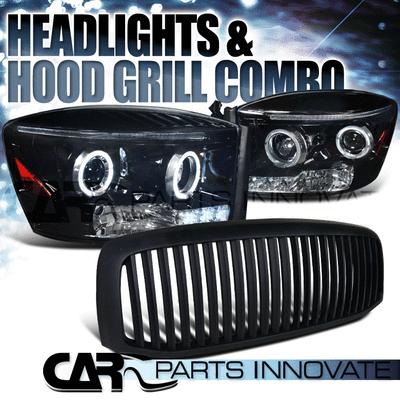 Glossy black 06-08 dodge ram smoke halo led projector headlights+hood grille