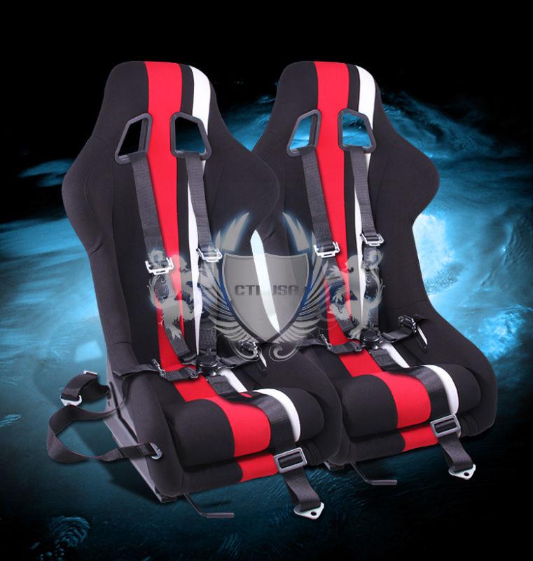 2x universal blk/red white stripe fabric racing seats+5-pt camlock harness belt