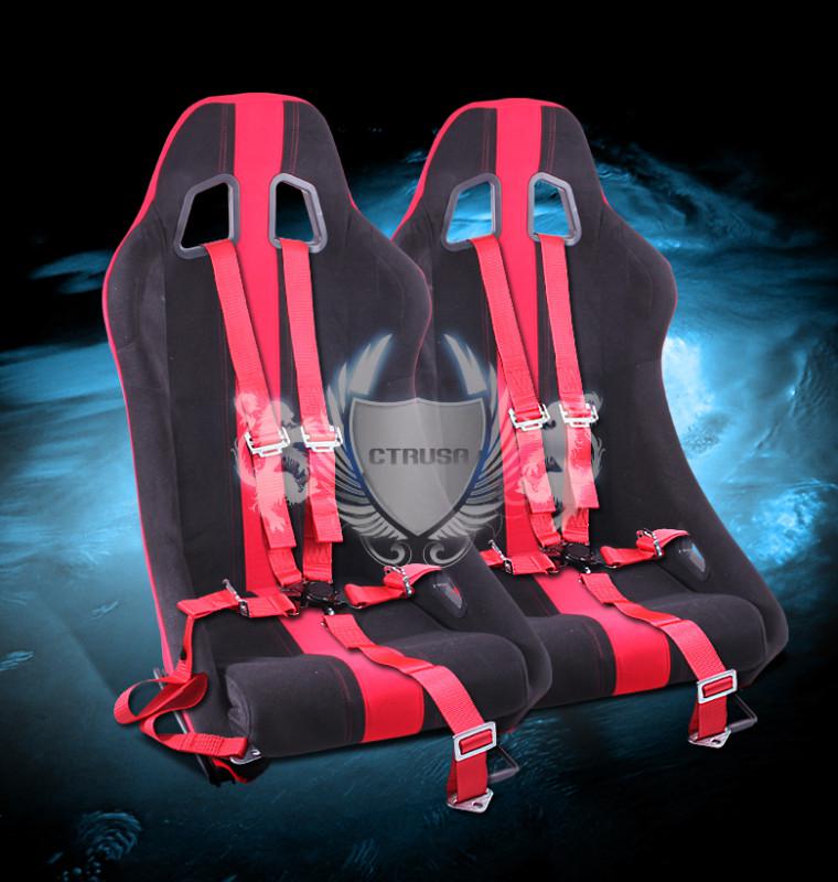 2x jdm f1 black/red stripe racing seats w/sliders +5-pt shoulder camlock belt