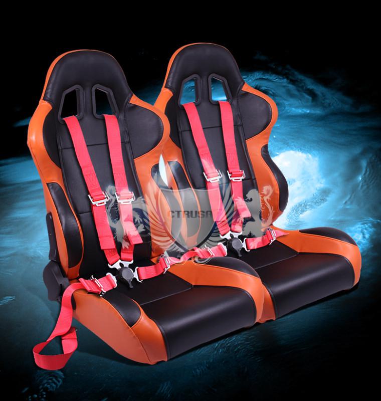 2x black/orange jdm vinyl turino sport racing bucket seats+4-pt red camlock belt