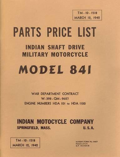 1942 indian motorcycle- shaft drive military parts list