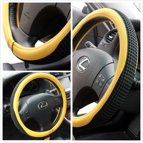 Steering wheel cover black breathable fabric yellow pvc leather new 51208a