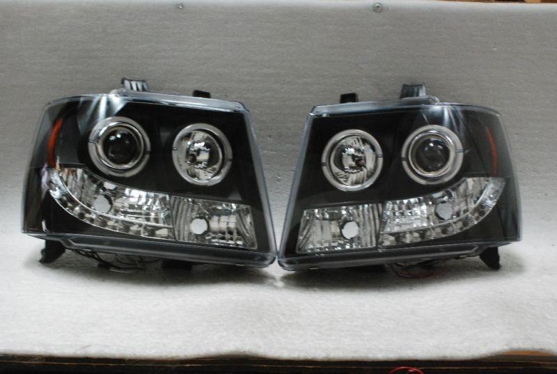 07-12 chevy suburban tahoe black dual halo projector led headlights lamps pair