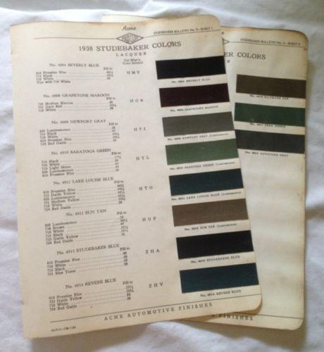 1938 studebaker~paint chip color chart~acme paints~2 pages~original!