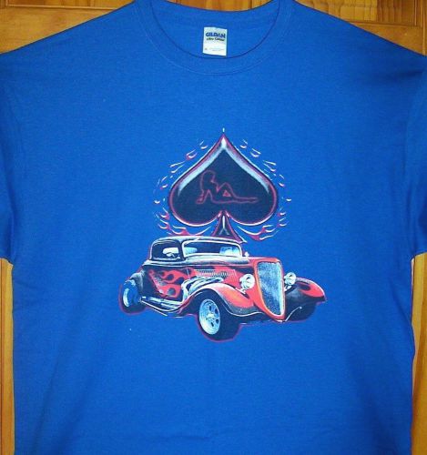 Hot rod classic car t shirt royal blue sz xl   mud flap pin up girl in spade