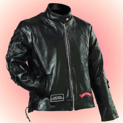 Ladies leather motorcycle jacket w patches free cap with buy it now--size medium