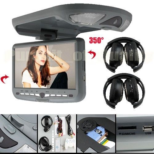 Headphones 9&#039;&#039; overhead monitor flip down car dvd player roof mount game mp3 fm