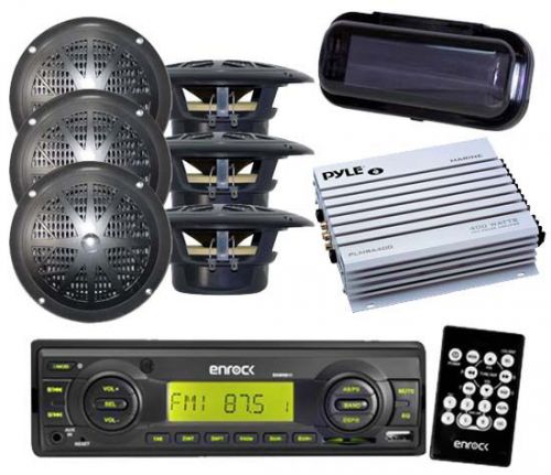 New boat indash player usb aux remote w/3 pairs of 4&#034; black speakers amp &amp; cover