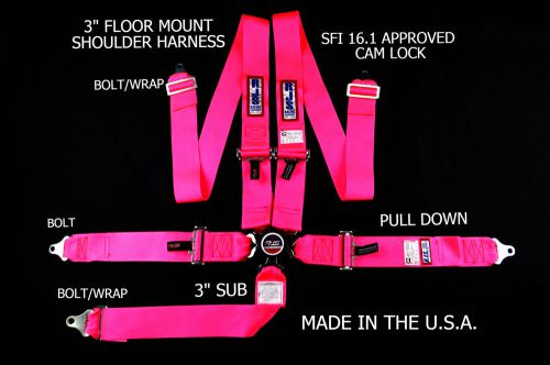 Rjs racing sfi 16.1 cam lock 5 pt seat belt harness floor mount hot pink 1034910