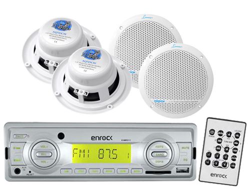 Enrock mp3 am fm usb aux marine silver radio, 4 marine 5.25&#034; dual cone speakers