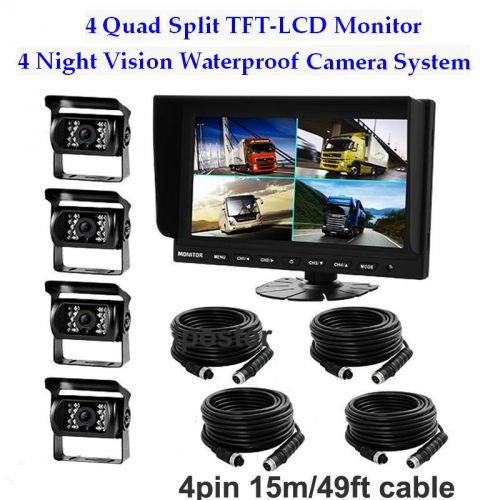 9&#034; split quad car monitor 4 video+4x 49ft 4pin truck ccd backup camera 24v-12v