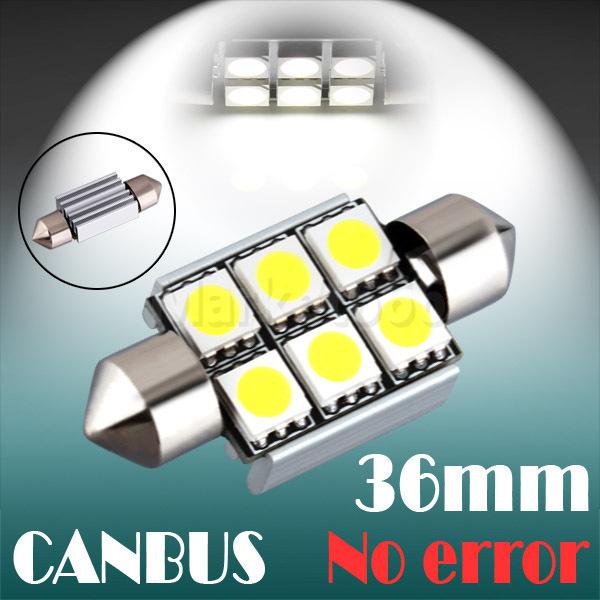 36mm 6 smd 5050 pure white dome festoon canbus obc no error car 6 led light bulb