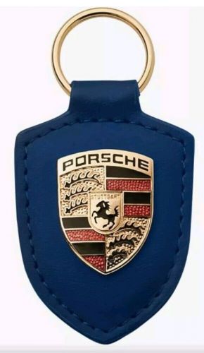 Genuine oem porsche navy blue crest key ring fob chain leather wap0500950e nib