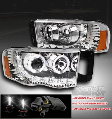 2002-2005 dodge ram 1500 halo led projector chrome headlights lamp+50w 6000k hid