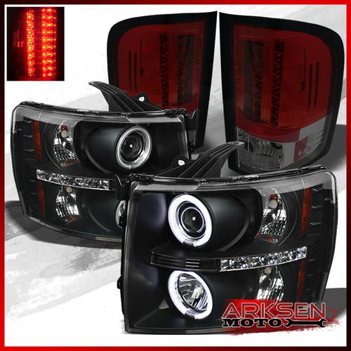 07-13 silverado black ccfl halo projector headlights+red smoked led tail lights