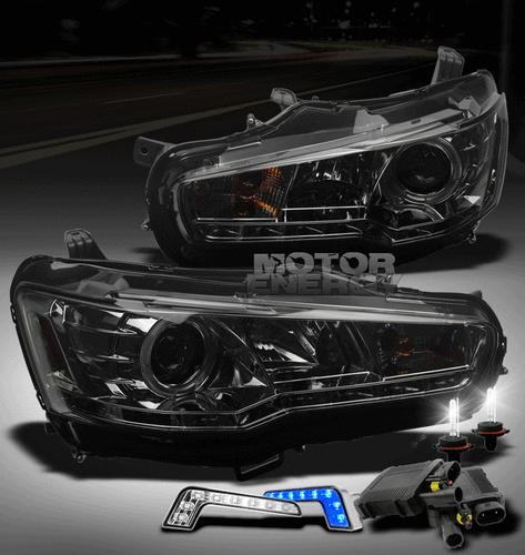 2008-2012 lancer evo x halo led smoke projector head light w/blue drl+6k hid kit