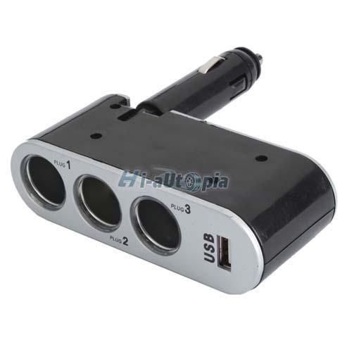 New 3 way car cigarette lighter power splitter 0100 for mp3/mp4/pda + usb port 