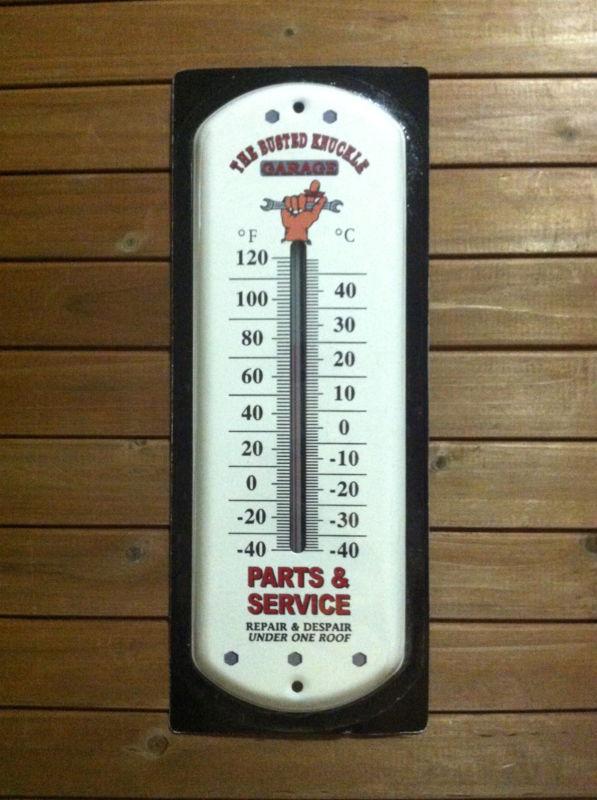 "the busted knuckle garage" thermometer metal sign, garage, chevy ford, in box.