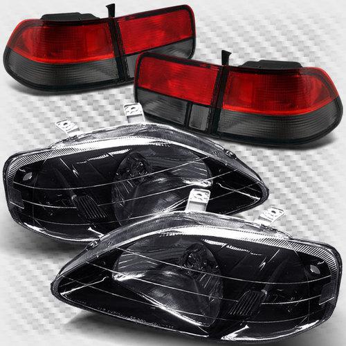 99-00 honda civic 2 door black headlights+tail lights lamp head light set pair