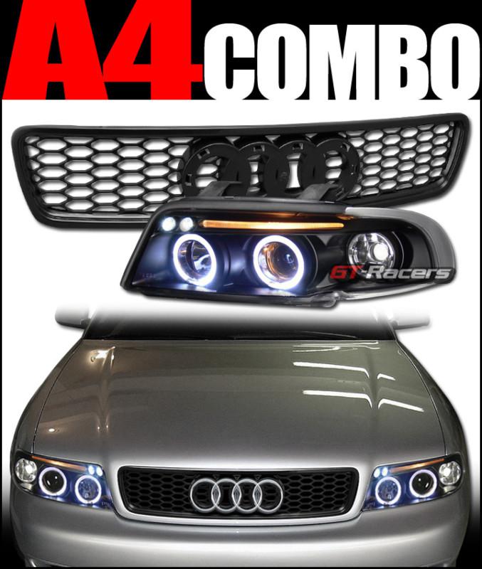 Blk halo drl led projector head lights+hood mesh grill grille r 1996-1999 a4 b5