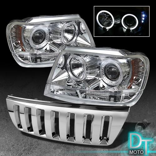 99-04 grand cherokee dual halo projector headlights+front vertical grille chrome