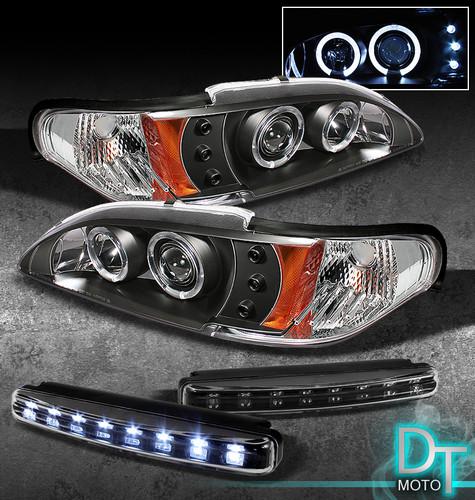 Drl led bumper fog lamps+94-98 mustang black halo rim projector head lights