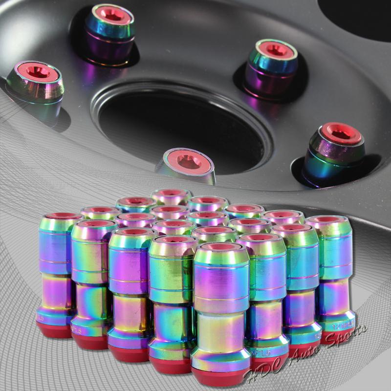 20pc m12 x 1.5mm thread pitch wheel rim tuner 1.9" long lug nuts red/neo chrome