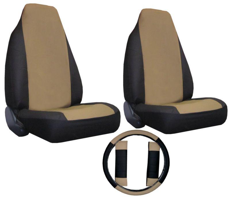 Faux leather car truck suv tan black 2 high back bucket seat covers w/extras #z