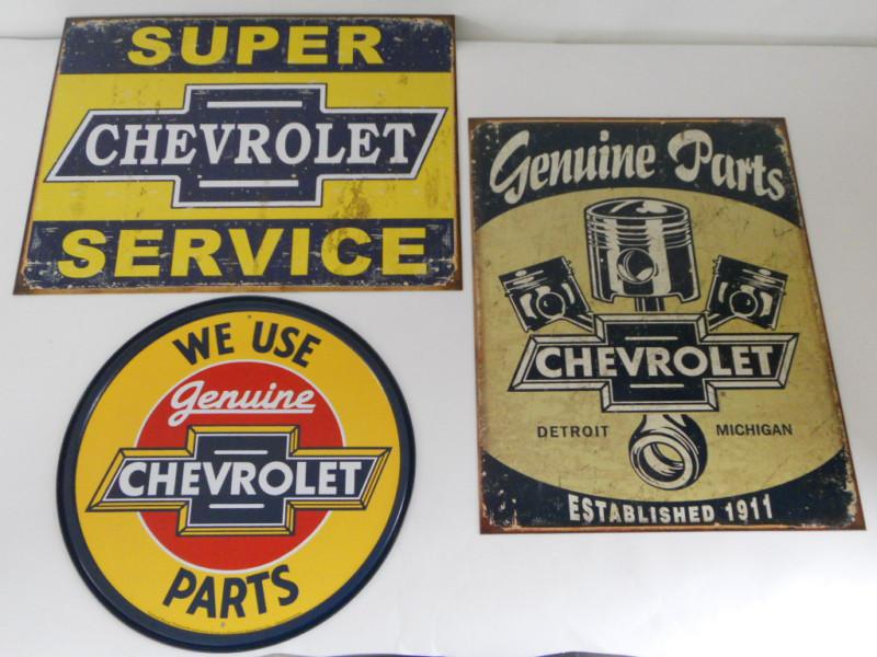 Chevy parts service 3 pc set signs bowtie piston emblem logo dealer garage lot 