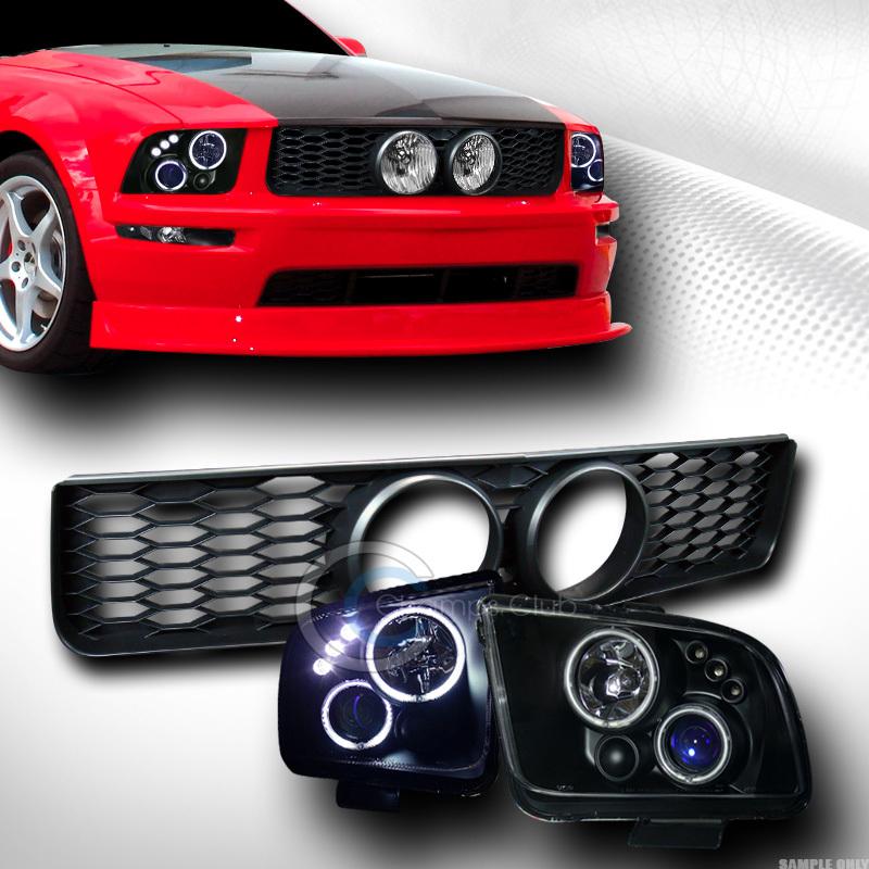 Blk ccfl halo led projector head lights+m grill grille+fog hole 05-09 mustang gt