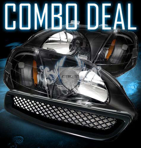 99-00 honda civic crystal black headlights lamps + amber reflector+type r grille