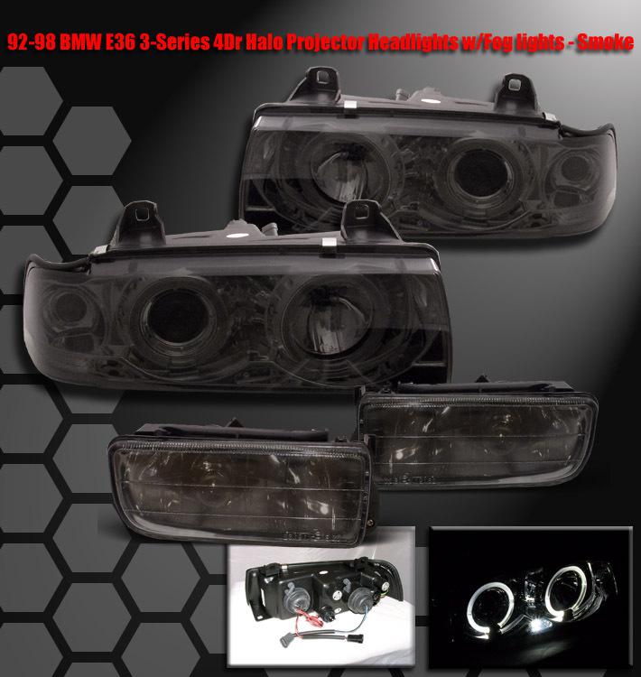 1992-1998 bmw e36 3-series 4dr halo led projector head light+fog lamp smoke 320i