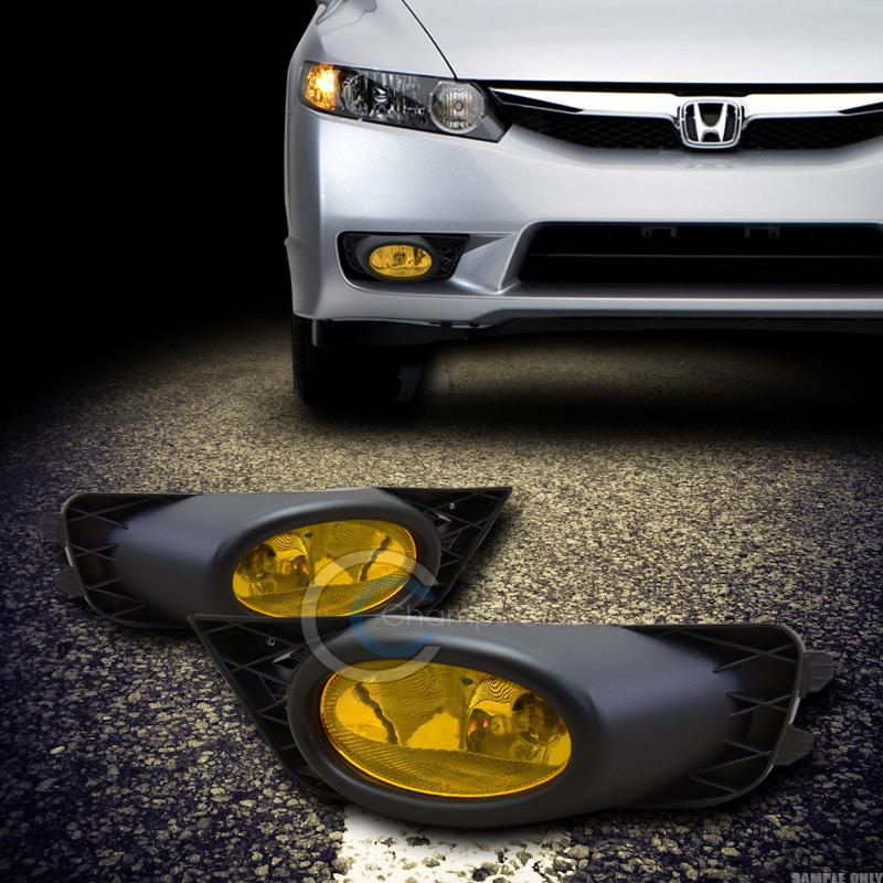 Jdm yellow clear front bumper fog lights lamps w/switch 09-11 honda civic 4d/4dr