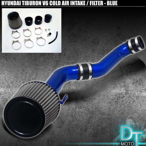 Stainless washable filter + cold air intake fits 03-07 tiburon v6 blue aluminum