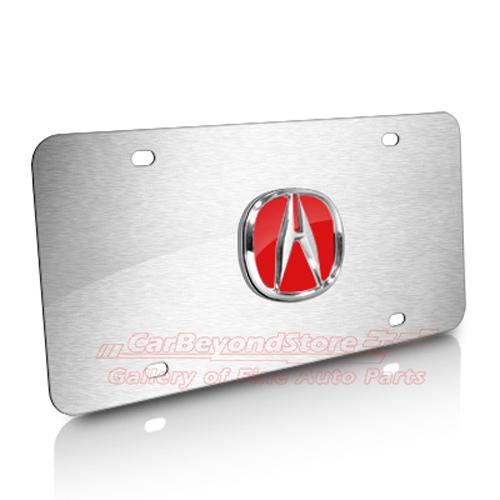 Acura 3d red logo brushed stainless steel license plate, lifetime warranty +gift